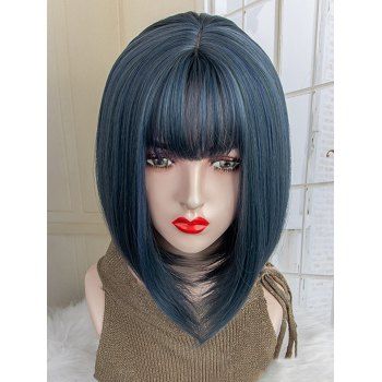 

Short Full Bang Highlight Straight Bob Heat Resistant Synthetic Anime Cosplay Wig, Blue gray