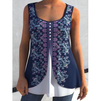 

Colorblock Flower Paisley Print Overlay Mock Button Sleeveless T Shirt, Deep blue