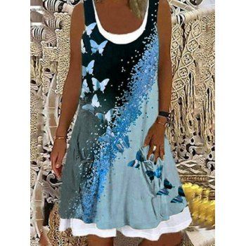 

Colorblock Dress Butterfly Print A Line Dress Sleeveless Mini Faux Twinset Dress, Blue