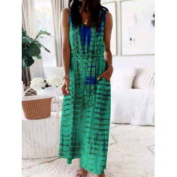 

A Line Dress Printed Dress Belted V Neck Sleeveless Casual Maxi Dress, Deep green