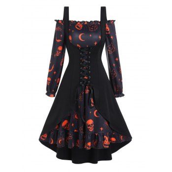 Pumpkin Skull Bat Cat Print Ruffle A Line Mini Dress And Lace Up Slit Tank Top Halloween Gothic Set