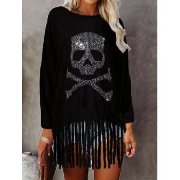 

Sparkly Rhinestone Skull Pattern Halloween T Shirt Fringe Long Sleeve Gothic Tee, Black