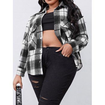 

Plus Size Shirt Plaid Print Long Sleeve Shirt Pocket Patches Snap Button Curved Hem Shirt, Black