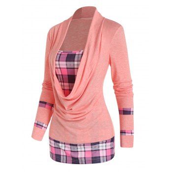 

Cowl Neck T Shirt Plaid Print Panel Draped Long Sleeve Casual Faux Twinset Tee, Light pink