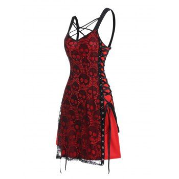 

Halloween Dress See Thru Skull Lace Overlap Mini Dress Lace Up Crisscross Cami Dress, Red