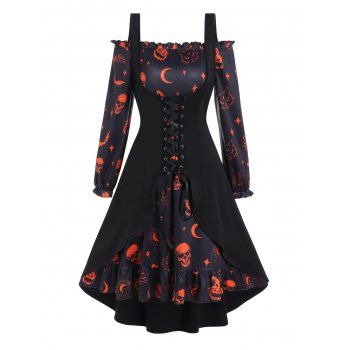 

Pumpkin Skull Bat Cat Print Ruffle A Line Mini Dress And Lace Up Slit Tank Top Halloween Gothic Set, Black