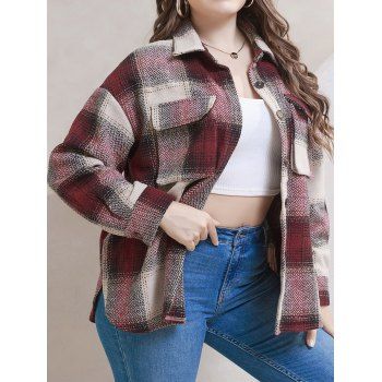 

Plus Size Shacket Vintage Jacket Plaid Print Front Pocket Button Up Jacket, Deep red