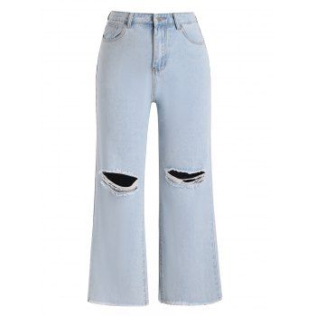 

Plus Size Jeans Distressed Jeans Zipper Fly Pockets Frayed Hem Wide Leg Denim Pants, Light blue