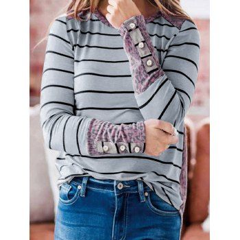 

Colorblock T Shirt Leopard Striped Print T Shirt Round Neck Long Sleeve Tee, Light gray