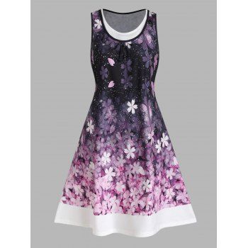 

Faux Twinset Tank Dress Floral Dress Sleeveless A Line Mini Summer Casual Dress, Purple