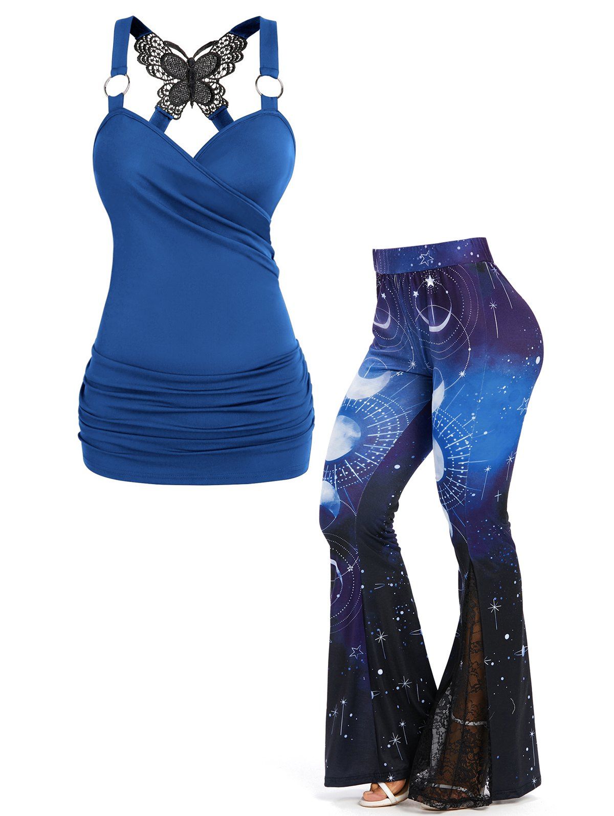 Ruched Butterfly Lace O Ring Surplice Tank Top And Galaxy Moon Print Pants Casual Outfit - BLUE S