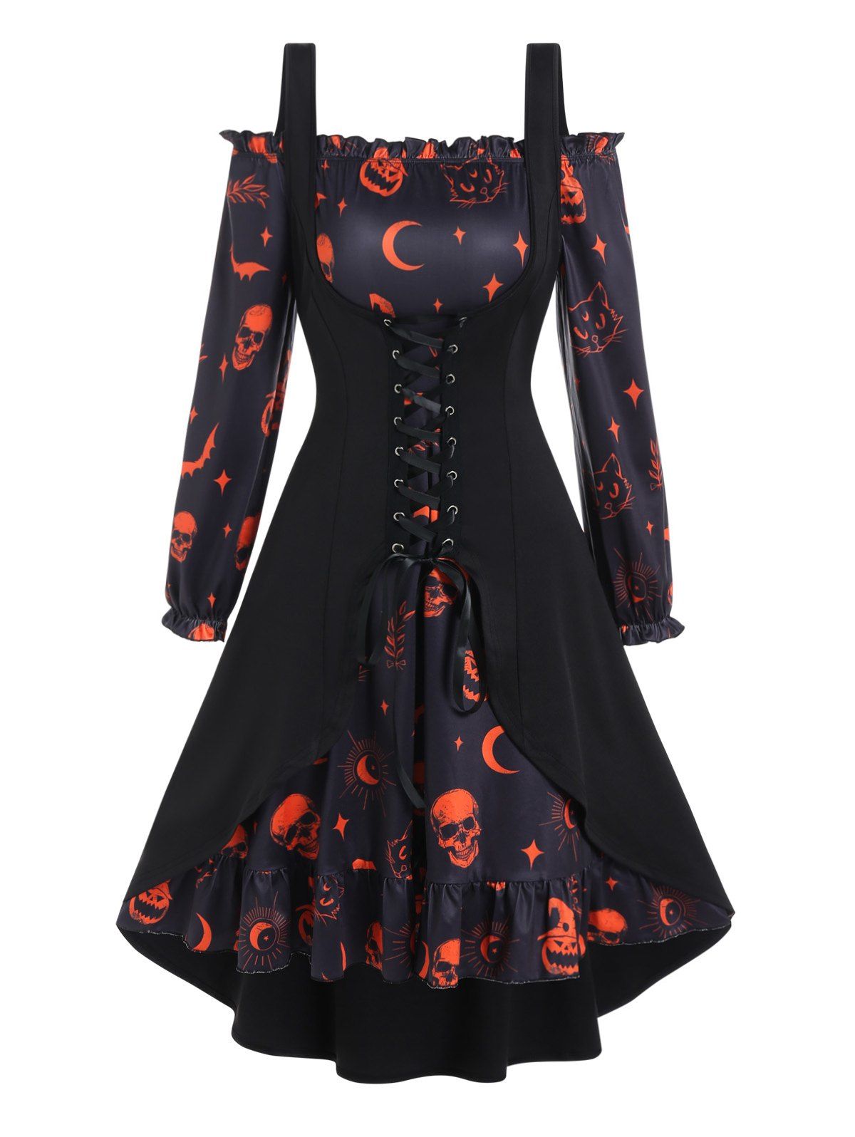 Pumpkin Skull Bat Cat Print Ruffle A Line Mini Dress And Lace Up Slit Tank Top Halloween Gothic Set - BLACK XXXL