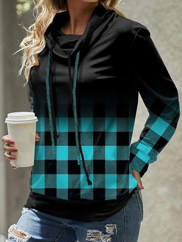 Sweat-shirt Décontracté à Carreaux Imprimé Manches Longues à Col Bénitier - Vert 2XL