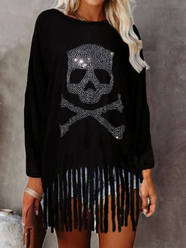 T-shirt Gothique D'Halloween Motif de Crâne avec Strass à Manches Longues à Frange - Noir L
