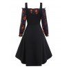 Pumpkin Skull Bat Cat Print Ruffle A Line Mini Dress And Lace Up Slit Tank Top Halloween Gothic Set - BLACK XXL