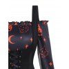 Pumpkin Skull Bat Cat Print Ruffle A Line Mini Dress And Lace Up Slit Tank Top Halloween Gothic Set - BLACK XXXL