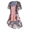 Flower Print Open Front Short Sleeve Asymmetric See Thru Top And Heathered Camisole Two Piece Set - LIGHT PINK XXXL