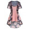 Flower Print Open Front Short Sleeve Asymmetric See Thru Top And Heathered Camisole Two Piece Set - LIGHT PINK XXXL