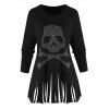 T-shirt Gothique D'Halloween Motif de Crâne avec Strass à Manches Longues à Frange - Noir 2XL