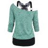T-shirt Chiné en Dentelle en Blocs de Couleurs à Col Oblique Fausse Deux Pièces - Vert clair XXXL