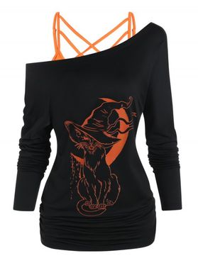 Crisscross Cami Top And Moon Cat Hat Print Long Sleeve T Shirt Two Piece Halloween Top