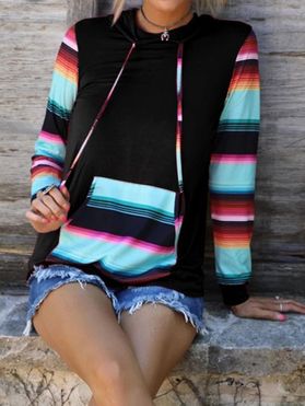Colored Striped Hoodie Pockets Long Sleeve Sweatshirt With Hood