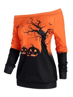 Halloween Pumpkin Face Pattern Sweatshirt One Shoulder Multi Ways Sweatshirt