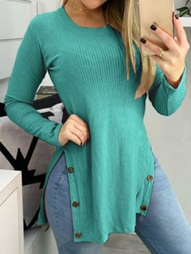 Side Slit Long Sleeve T Shirt Mock Button Plain Color Textured Casual Tee