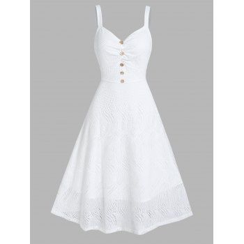 

Casual Dress Pure Color Lace Dress Hollow Out Mock Button Sleeveless Empire Waist A Line Midi Summer Dress, White