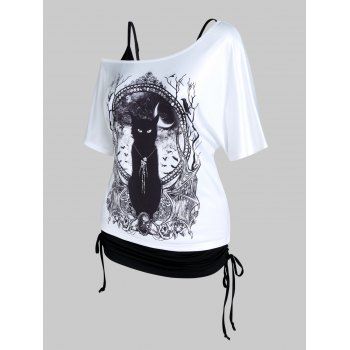 

Plus Size Top Solid Color Cinched Cami Top and Mirror Skeleton Cat Print T Shirt Gothic Top, White