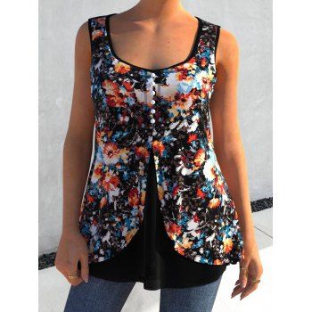 

Colorful Flower Print Overlay Mock Button Cottagecore Sleeveless T Shirt, Multicolor a