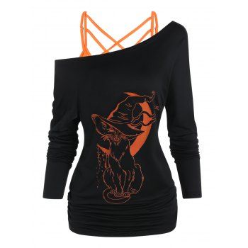 

Crisscross Cami Top And Moon Cat Hat Print Long Sleeve T Shirt Two Piece Halloween Top, Black