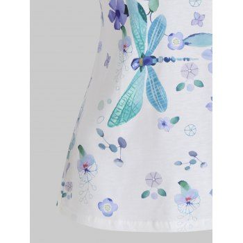 Flower Dragonfly Print Sleeveless T Shirt See Thru Floral Lace Insert Casual Tee