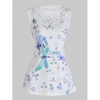 

Flower Dragonfly Print Sleeveless T Shirt See Thru Floral Lace Insert Casual Tee, White