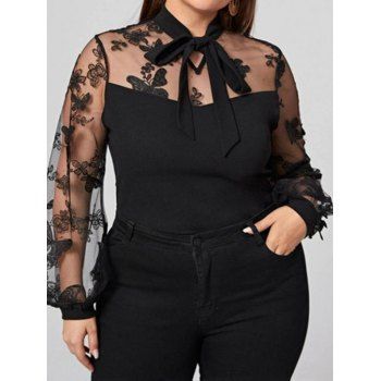 

Plus Size Blouse Hollow Out Butterfly Lace Bowknot Long Sleeve Blouse, Black