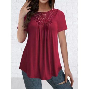 Women Solid Color T Shirt Hollow Out Lace Panel Raglan Sleeve Casual Tee Clothing L Red
