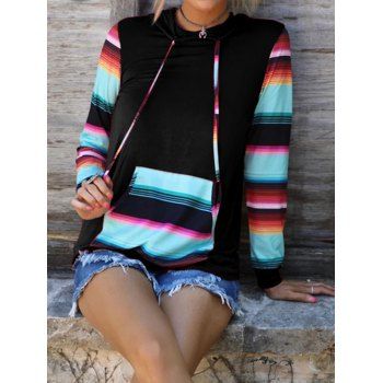 

Colored Striped Hoodie Pockets Long Sleeve Sweatshirt With Hood, Black