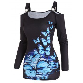 

Butterfly Cat Print T Shirt Cold Shoulder Rhinestone Ring Long Sleeve Tee, Black
