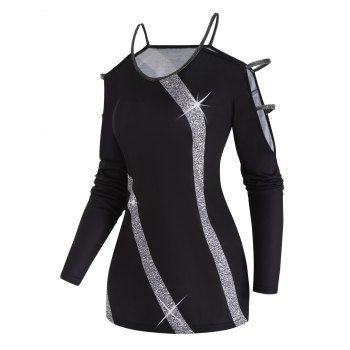 

Sparkly Metallic Straps T Shirt Cold Shoulder Long Sleeve T-shirt Printed Stripe Casual Tee, Black