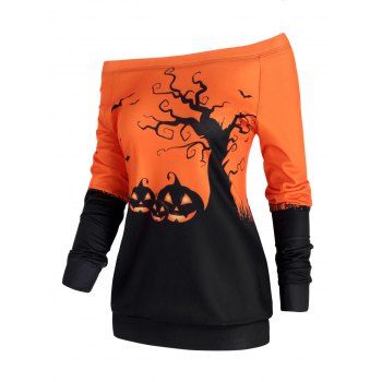 

Halloween Pumpkin Face Pattern Sweatshirt One Shoulder Multi Ways Sweatshirt, Dark orange