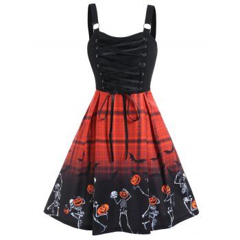 

Halloween Dress Skeleton Pumpkin Plaid Print Colorblock Dress Lace Up A Line Mini Gothic Dress, Black