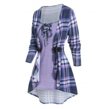 

Plaid Print Faux Twinset T Shirt Lace Up Asymmetric Twofer T-shirt Long Sleeve Eyelet Strap 2-In-1 Tee, Light purple