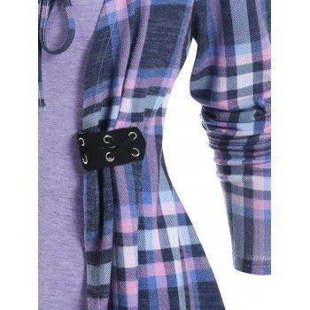Plaid Print Faux Twinset T Shirt Lace Up Asymmetric Twofer T-shirt Long Sleeve Eyelet Strap 2-In-1 Tee