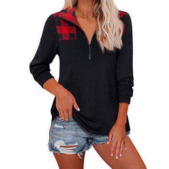 

Plaid Panel T Shirt Half Zipper Long Sleeve Casual Top, Black