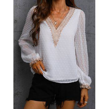 

Swiss Dot Blouse Lace Insert Long Sleeve Blouse V Neck Casual Top, White