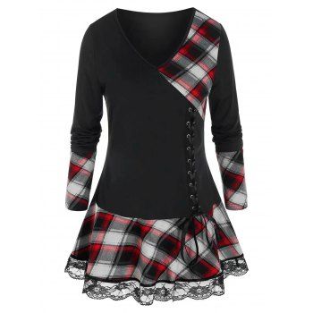 

Plaid Print Insert T Shirt Lace Up Flower Lace Panel V Neck Long Sleeve Casual Tee, Black