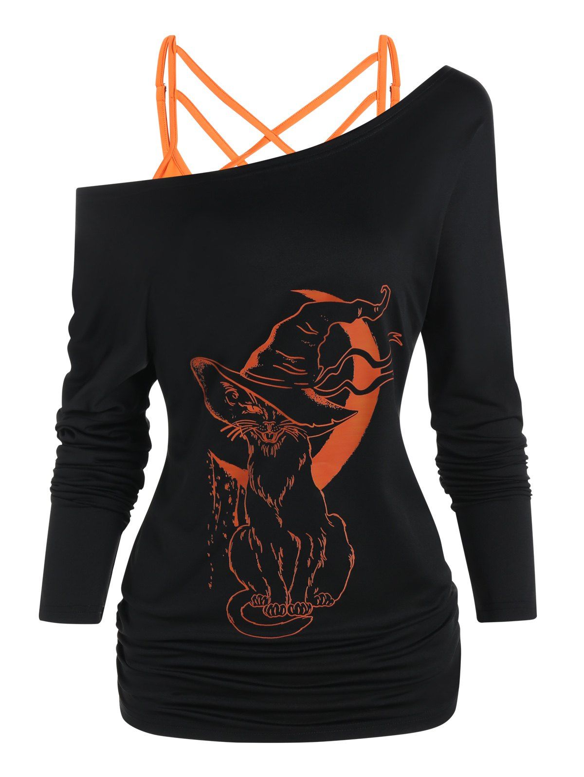 T-shirt D'Halloween Croisé à Imprimé Chat et Lune à Manches Longues Deux Pièces - Noir XXL