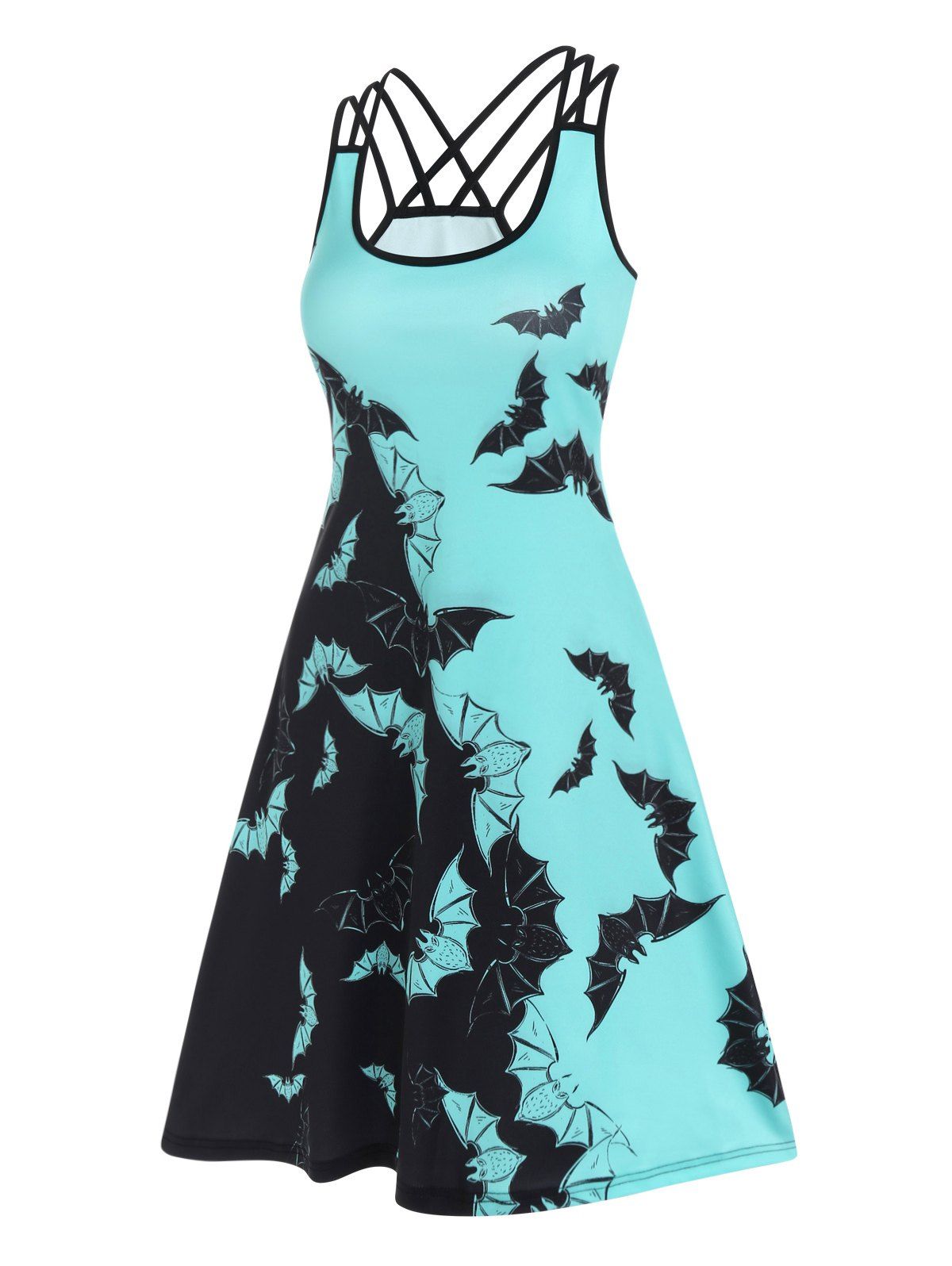 Gothic Dress Colorblock Bat Print Lattice Strap High Waisted Dress A Line Mini Halloween Dress - BLACK XXXL