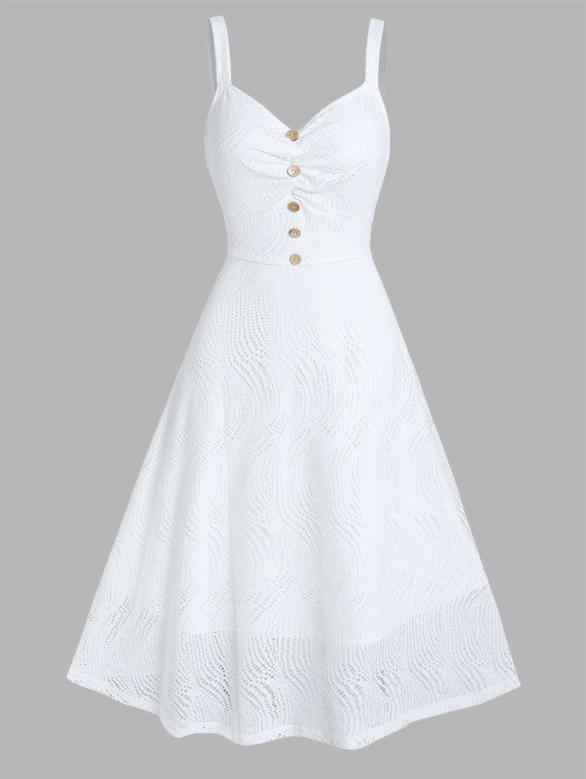 Casual Dress Pure Color Lace Dress Hollow Out Mock Button Sleeveless Empire Waist A Line Midi Summer Dress - WHITE XL