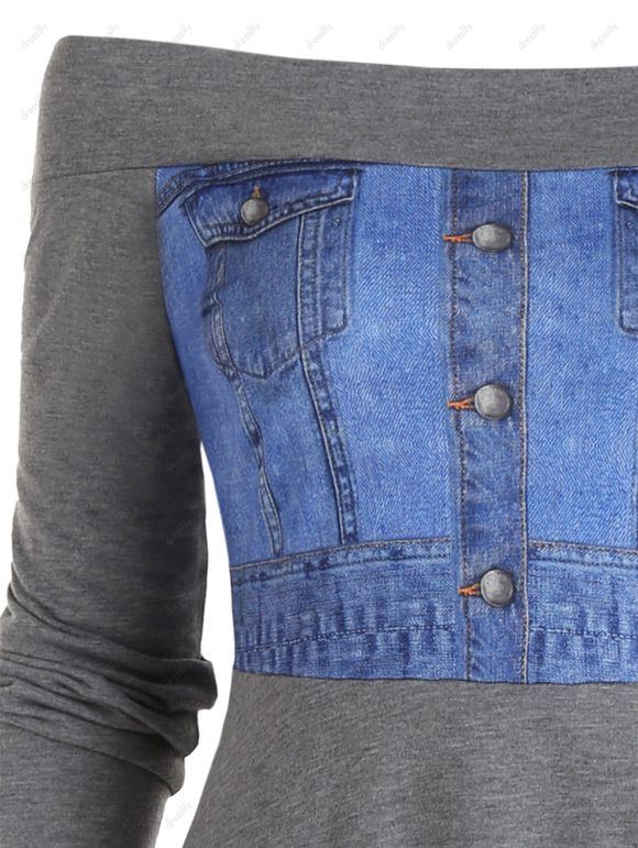 Robe Mi-Longue Ligne A à Imprimé 3D à Taille Haute à Manches Longues - Gris XXL